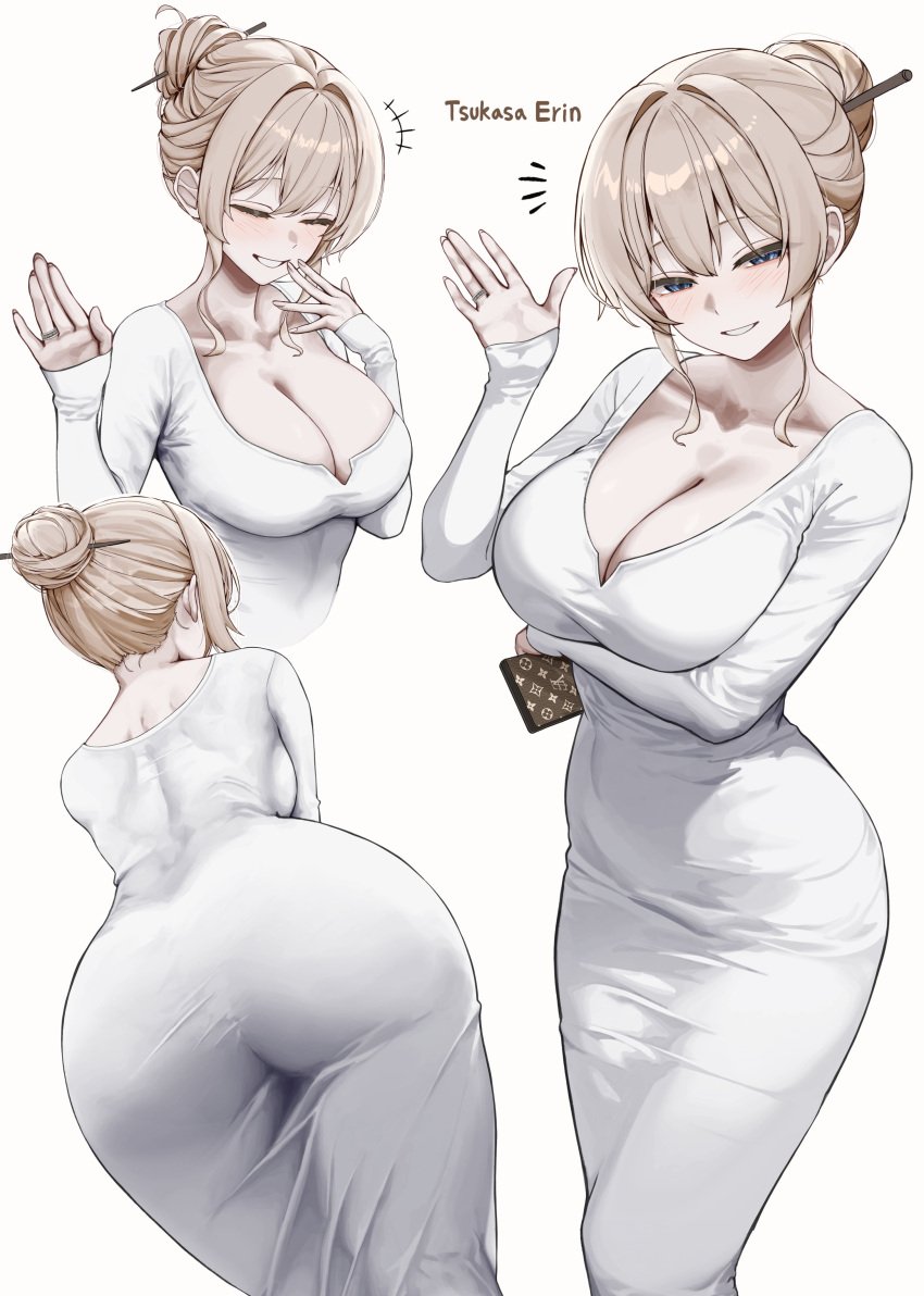 absurdres ass big_ass big_breasts blue_eyes breasts cleavage closed_eyes covered_navel dongtan_dress dress female female_only grey_dress gwan-e hair_bun hair_ornament highres holding holding_wallet jewelry large_breasts long_sleeves louis_vuitton meme_attire original original_character ring taut_clothes taut_dress tight_clothing tight_dress tsukasa_erin wallet wedding_ring white_background