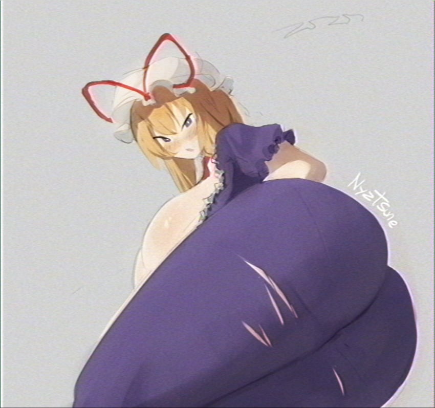 1girls artist_name ass back_view big_breasts blonde_hair breasts cleavage clothed_female dat_ass grey_background hat huge_breasts light-skinned_female long_hair mature_female nyztsune purple_dress solo solo_female touhou watermark yukari_yakumo