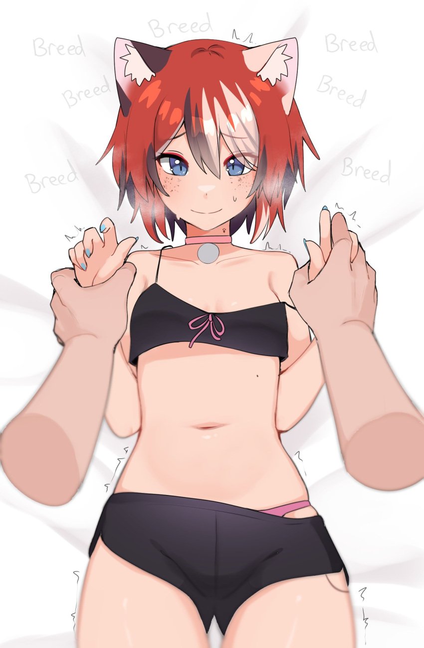 1girls bedsheets black_hair blue_eyes bow breeding_request calico_cat cat_ears cat_tail catgirl clothed held_down ivy_(nyaivie) nyaivie on_bed original original_character pinned pinned_down red_eyeshadow red_hair skimpy_clothes suggestive visible_underwear white_hair