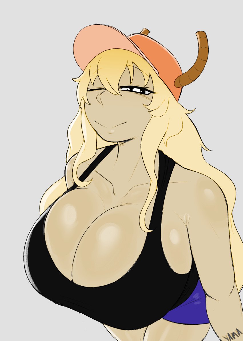 1girls ajaycolor big_breasts black_tank_top blonde_hair cap color color_edit colored colored_inner_hair colored_sketch colored_skin dragon_girl goddess horns kobayashi-san_chi_no_maidragon large_breasts long_hair looking_at_viewer lucoa lucoa_(maidragon) miss_kobayashi's_dragon_maid quetzalcoatl_(dragon_maid) sketch tank_top yamathegod