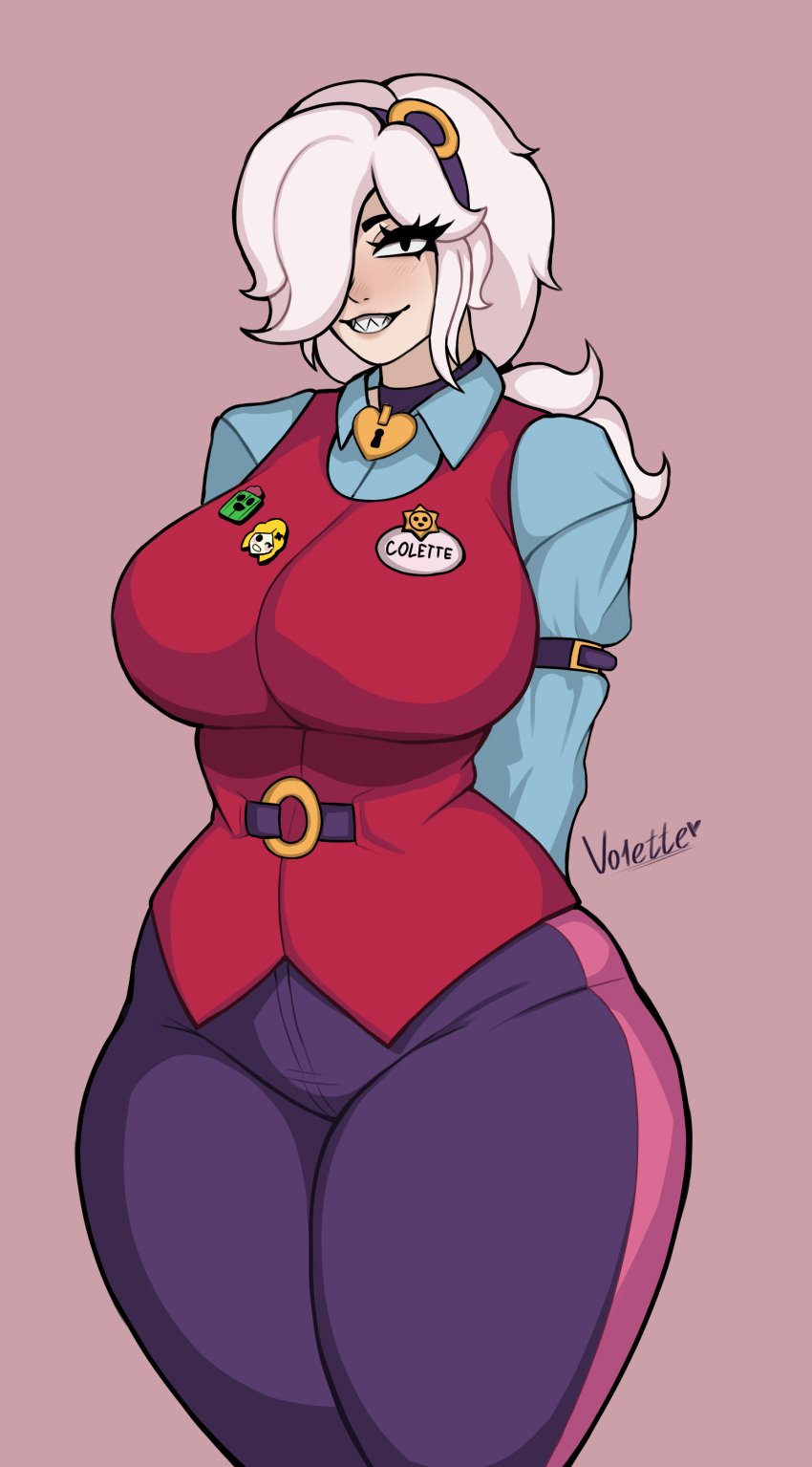 brawl_stars breasts clothes colette_(brawl_stars) hips hips_grab jacket pants shirt smile thick thick_ass thick_hips thick_legs thick_thighs vo1ette white_hair