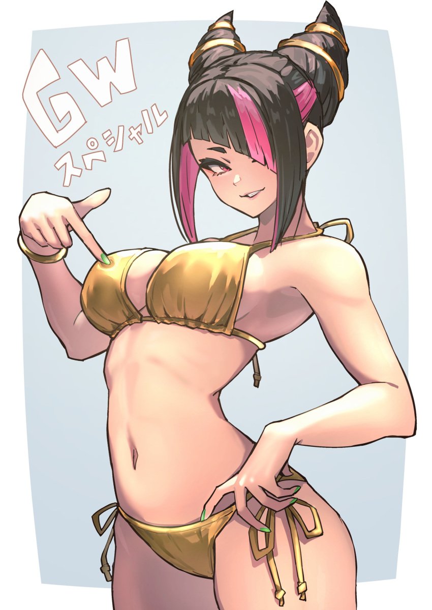 1girls ap_cammy asian asian_female big_breasts bikini black_hair bracelet busty capcom cleavage female female_only fully_clothed gold_bikini golden_bikini golden_week green_nails hair_over_one_eye juri_han light-skinned_female light_skin painted_fingernails painted_nails pink_streak small_waist solo street_fighter swimsuit touching_breast touching_own_breast touching_self