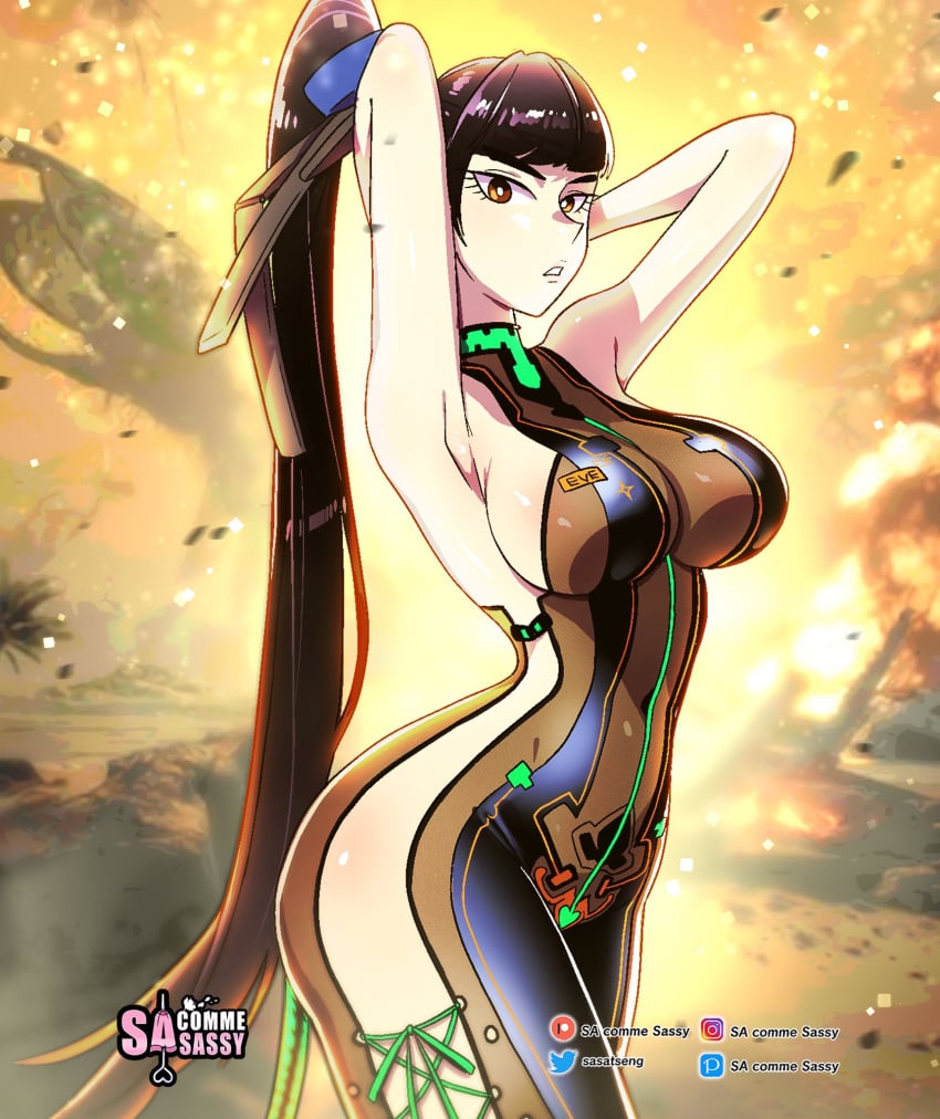 1girls armpits black_hair bodily_fluids brown_eyes eve_(stellar_blade) female female_only hands_behind_head hi_res high_ponytail hourglass_figure long_hair looking_at_viewer ponytail sasatseng sideboob skimpy solo stellar_blade