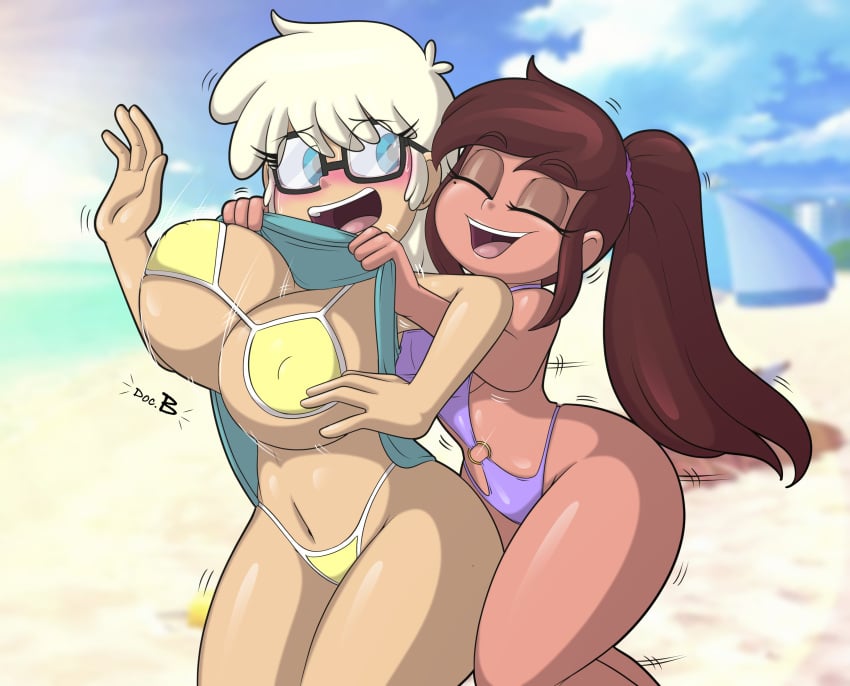 2girls beach big_breasts bikini blonde_hair brown_hair closed_eyes doc.b glasses huge_breasts mariposa_diaz multiple_girls nervous nervous_face oc original_character ponytail pubic_hair rachael_loud shirt_lift smile smiley_face star_vs_the_forces_of_evil swimsuit the_loud_house thick_ass thick_butt thick_thighs