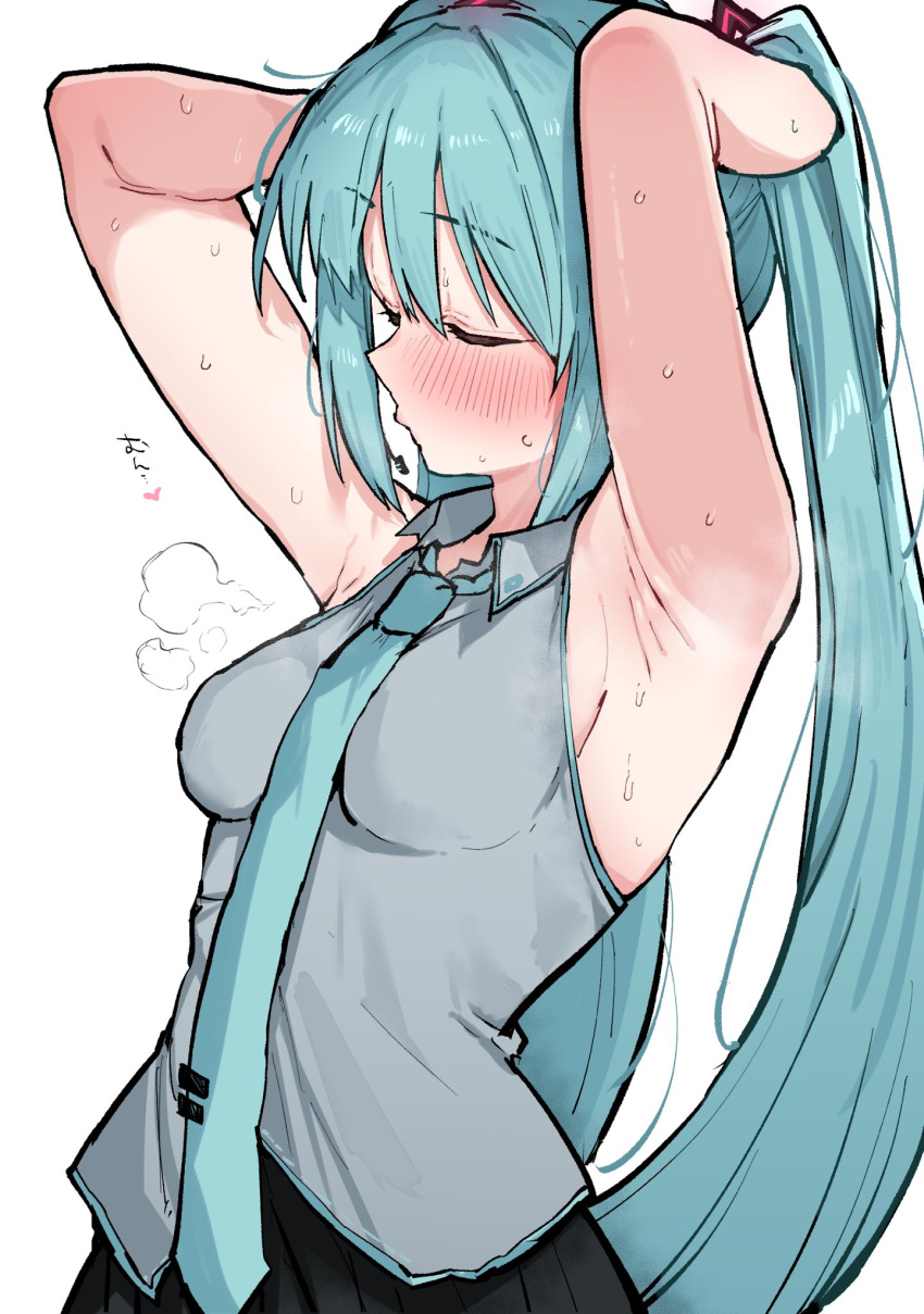 1girls armpit_crease armpit_fetish armpit_sweat armpits arms_up blush blushing clothed female female_only fully_clothed hatsune_miku kobinbin light-skinned_female light_skin steam steamy_armpits sweat sweating sweaty sweaty_armpits turquoise_hair twintails vocaloid