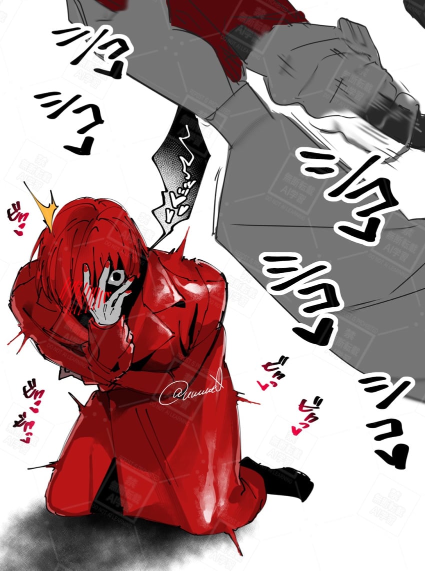 bangs bangs_over_eyes bangs_over_one_eye black_eyes black_shoes blush blush blush_lines grey_body grey_skin heart heart_symbol homicipher jacking_off jacking_off_another mc_(homicipher) mr._scarletella obscured_face partially_colored raincoat red_clothes red_clothing red_coat red_hair red_nails shaking shivering text text_bubble translation_request uuuut0 voodoo voodoo_masturbation