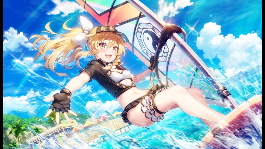 beach blonde_hair fingerless_gloves gloves long_hair marisa_kirisame official_art ponytail sail splashing surfboard surfing swimsuit tagme touhou touhou_danmaku_kagura water