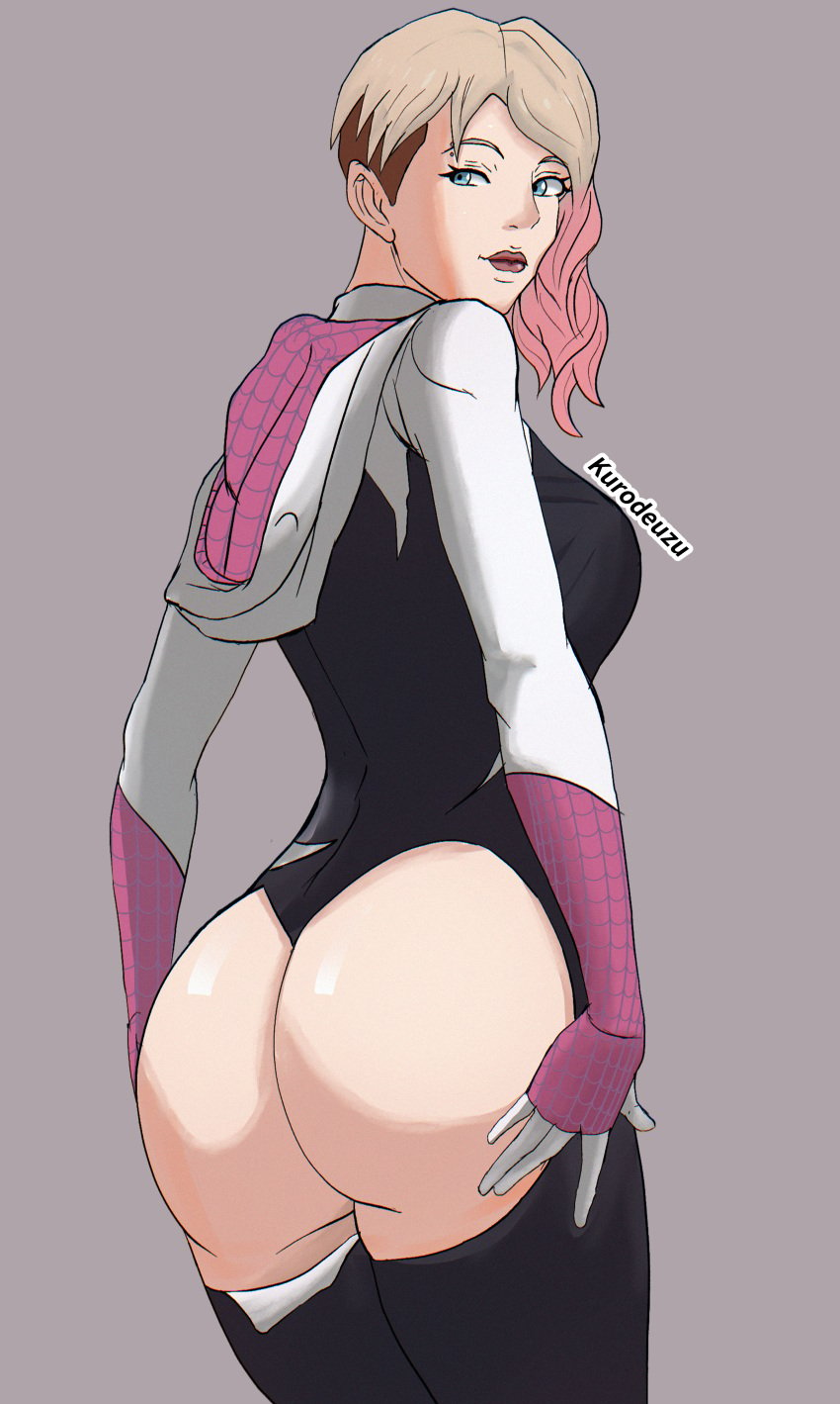 1girls ass_focus eyebrow_piercing female female_only gwen_stacy kurodeuzu marvel shaved_side solo spider-gwen spider-man_(series) superhero superhero_costume superheroine tagme