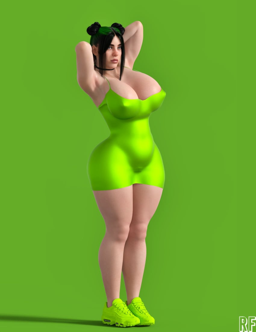 1girls 3d 3d_(artwork) 3d_model areola areola_slip armpits arms_behind_head arms_up big_breasts billie_eilish black_choker black_hair breasts choker cleavage covered_erect_nipples covered_nipples curvy double_bun dress full_body green_background green_clothing green_dress green_hair grey_hair hair_bun huge_breasts light-skinned_female light_skin nike nipple_bulge nipples real_person rude_frog simple_background sneakers solo thick_thighs two_tone_hair voluptuous voluptuous_female wide_hips