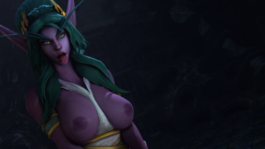 1girls 3d alternate_costume big_breasts blizzard_entertainment green_hair heroes_of_the_storm love_goddess_tyrande night_elf purple_skin solo tongue tongue_out tyrande_whisperwind warcraft whitetentaclesfm world_of_warcraft