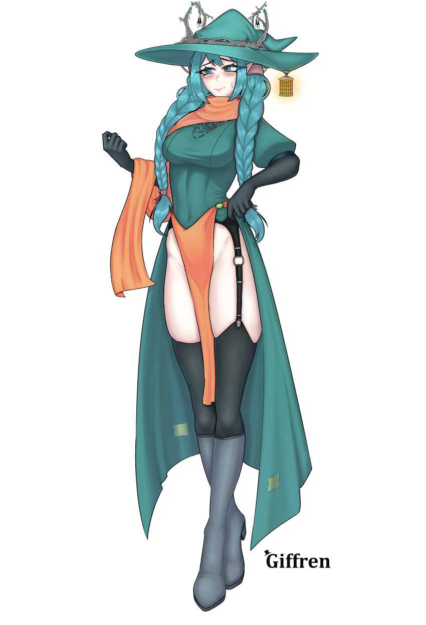 absurdres art blue_eyes boots breasts clothing_cutout dress gray green_dress green_hair highres humanization large_breasts legs long_legs military_vehicle motor_vehicle non-web_source orange_dress original personalcharacter shoes suspenders tank thighhighs witch