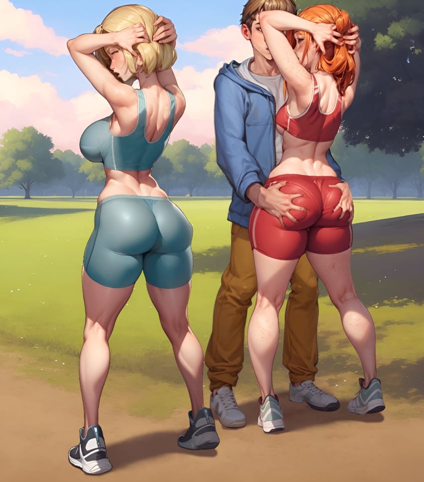 ass ass_grab blonde_hair hands_behind_head large_ass large_breasts orange_hair squatting taffy_tales tight_pants underboob