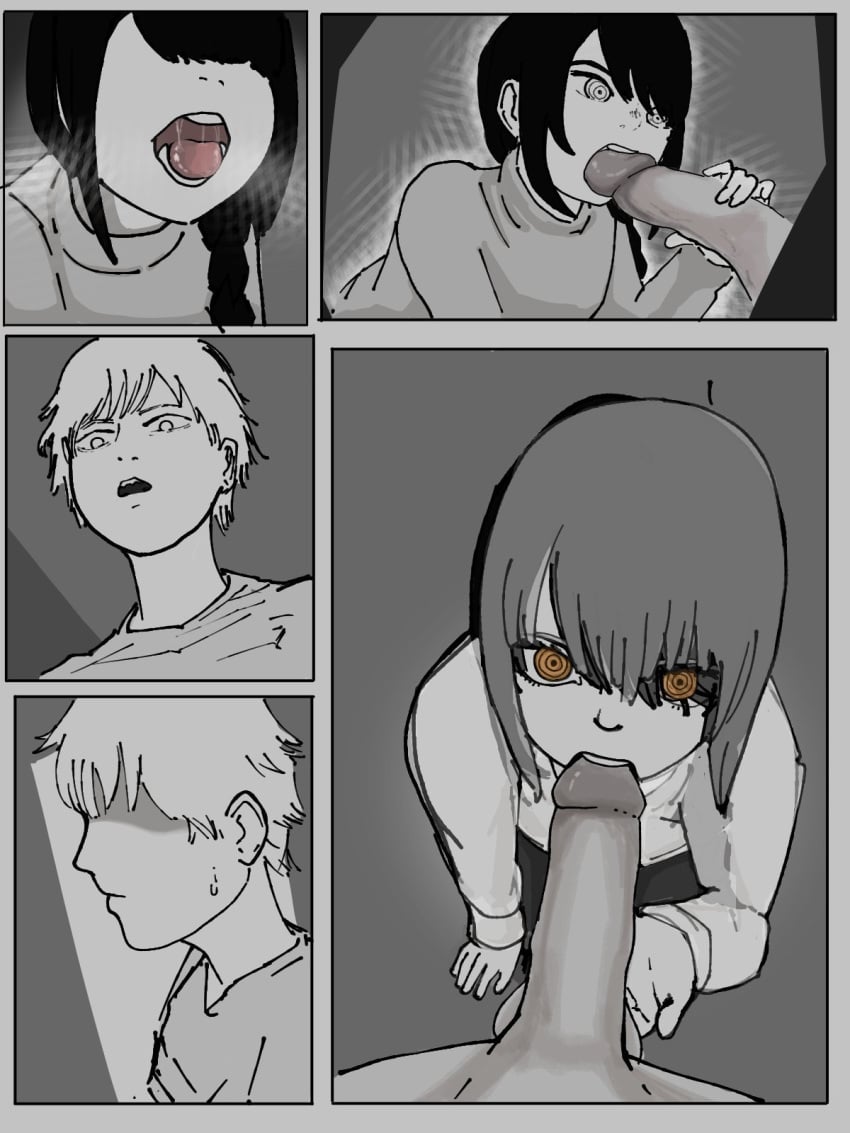 age_difference bite biting biting_penis blowjob chainsaw_man denji_(chainsaw_man) fellatio holding_penis nayuta_(chainsaw_man) nerudraw oral oral_sex penis penis_bite penis_biting smaller_female teeth teeth_showing