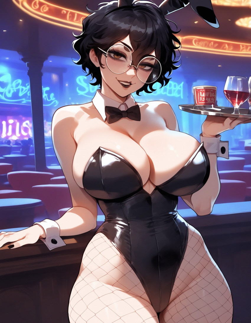1girls ai_generated artstyle_imitation ass big_breasts black_bowtie black_hair black_lipstick breasts brown_eyes bunny_costume bunny_ears bunny_girl bunnysuit casino choker collar eyelashes eyeshadow female fishnet_legwear fishnet_pantyhose fishnets glasses goth goth_girl gothic indoors light-skinned_female messy messy_hair naughty naughty_face naughty_smile nerd night night_sky olie original outdoors pale-skinned_female round_glasses seductive seductive_look short_hair smile thiccwithaq_(ai_style) thick_ass thick_legs thick_lips thick_thighs thighs waitress wavy_hair xandr