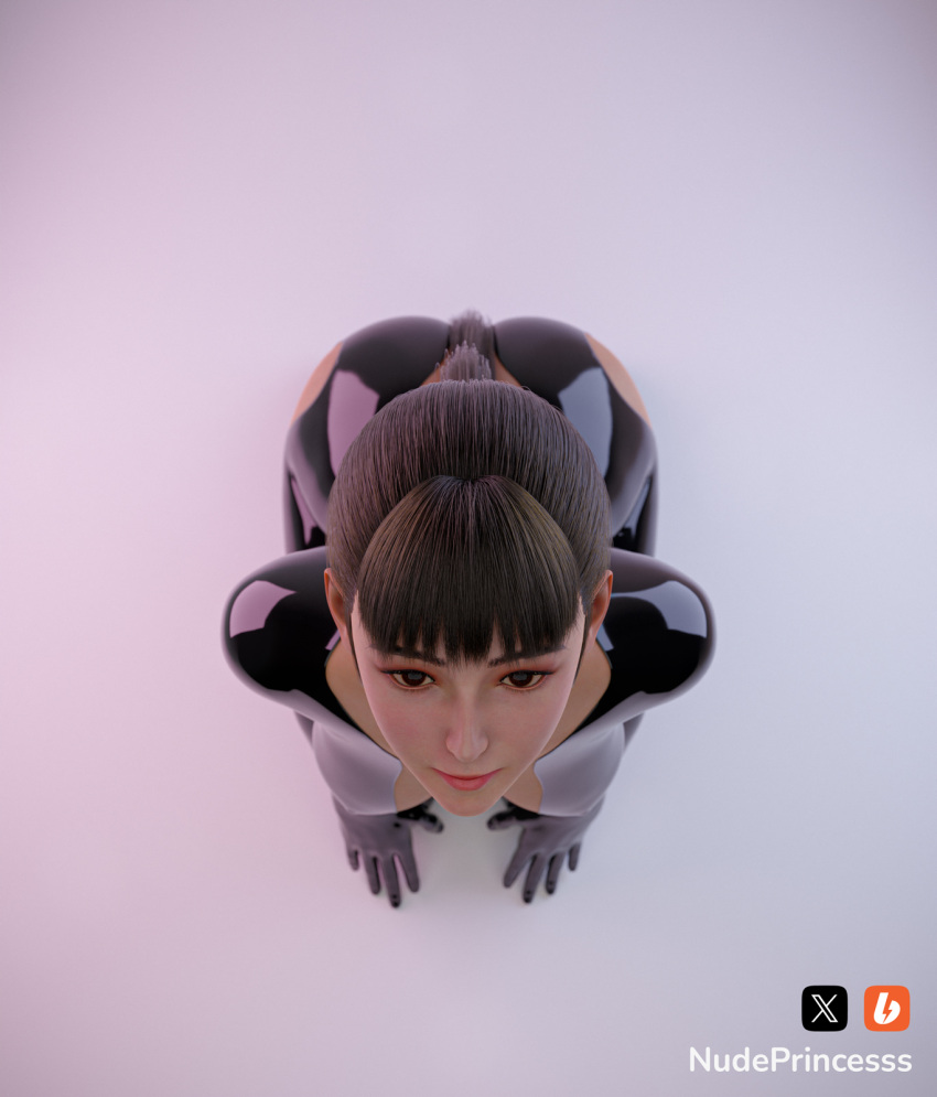 3d ass bangs eve_(stellar_blade) eye_contact female hi_res kneeling latex_suit nudeprincesss realistic solo stellar_blade teenager