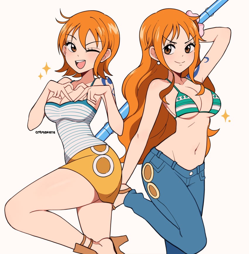 alternate_version_available bikini cremanata female female_only jeans long_hair nami one_piece orange_hair post-timeskip pre-timeskip short_hair striped_bikini