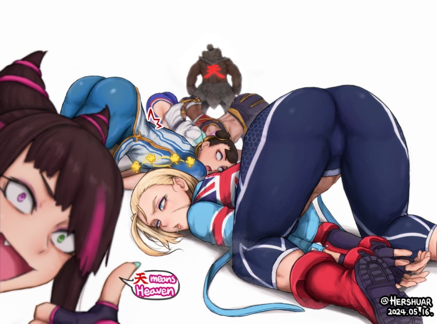 1boy 6girls akuma asian asian_female asian_male ass ass_up big_ass big_butt blank_eyes blonde_hair blue_eyes blurry blurry_foreground brown_hair butt cammy_white chun-li dark-skinned_female dark_skin dated dazed dialogue drooling english_text excited eyebrows_hidden_by_hair fang fingerless_gloves fingernails gloves green_eyes hair_horns hershuar heterochromia jacket juri_han kimberly_jackson looking_at_viewer manon_legrand marisa_rossetti multicolored_hair multiple_girls open_mouth pants pink_eyes pink_hair shun_goku_satsu simple_background smile standing street_fighter street_fighter_6 text thumbs_up top-down_bottom-up twitter_username two-tone_hair unconscious white_background white_female