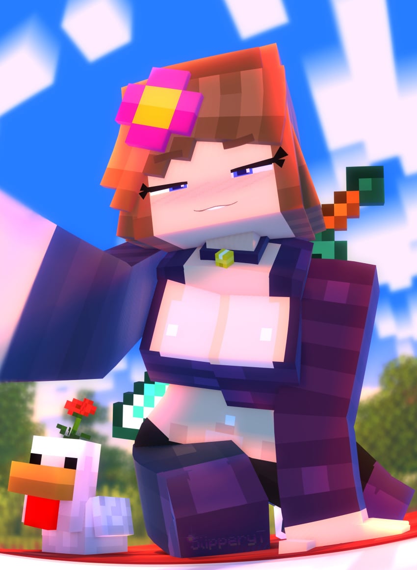 1girls 3d 3d_(artwork) artist_name bell_collar belly big_breasts biting_lip black_shorts blue_eyes blurry_background blush blush_lines breasts chicken chicken_(minecraft) choker cleavage clothed clothing cloud collar cubic_breasts curvy curvy_figure day daytime detailed_background diamond_sword eyelashes female female_focus female_only flower flower_in_hair hair hair_ornament hi_res highres jenny_belle_(slipperyt) large_breasts legwear light-skinned_female light_skin long_sleeves looking_at_viewer medium_hair midriff mine-imator minecraft mojang narrowed_eyes navel outdoors outside purple_thighhighs rose shirt shoes shorts sky slipperyt smile sneakers solo solo_female solo_focus striped_legwear striped_shirt sword teeth thick_thighs thighhighs thin_waist tree voluptuous watermark weapon wide_hips