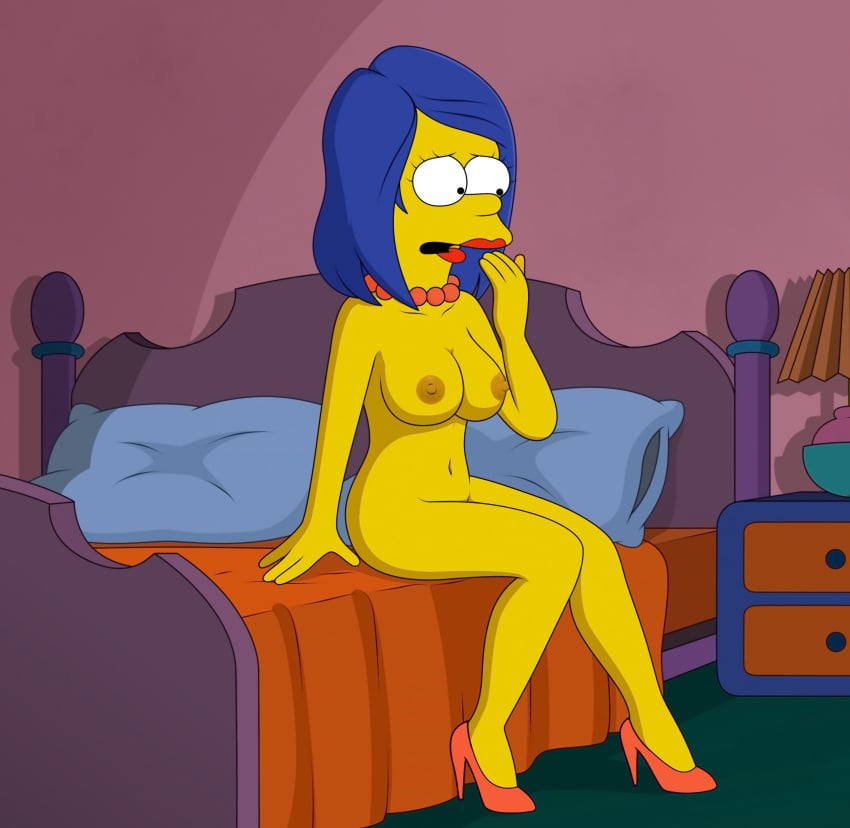 20th_century_fox 20th_century_studios bed bedroom blue_hair breasts heels high_heels lipstick marge_simpson matt_groening_(style) milf naked_female necklace red_lipstick shocked shocked_expression short_hair sitting_on_bed the_simpsons yellow_body yellow_skin