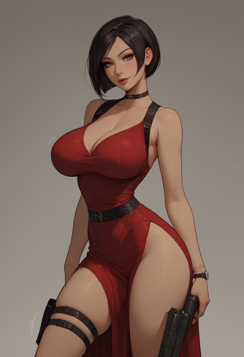 1girls ada_wong ai_generated bob_cut brown_eyes dark_hair dress edenaiart looking_at_viewer resident_evil short_hair slim_waist solo