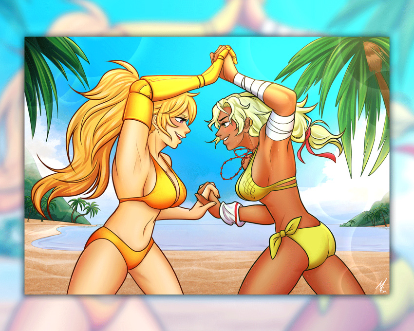 2girls arslan_altan ass beach bikini blonde_hair breasts catfight commission dark-skinned_female dark_skin eye_contact female female_only fight fit_female light-skinned_female light_skin long_hair mcmystery palm_trees prosthetic_arm rwby smile yang_xiao_long