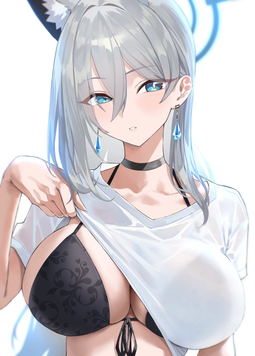 1girls animal_ears blue_archive blue_eyes bra breasts cleavage female hi_res huge_breasts kazane-wind kemonomimi light-skinned_female light_skin long_hair shiroko_(blue_archive) shiroko_(terror)_(blue_archive) white_hair