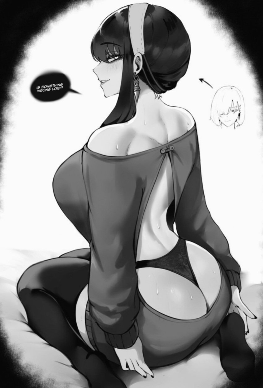 ass ass_focus bikini black_hair bodysuit breasts curves english_text female female_only fiona_frost monochrome nightfall_(spy_x_family) pervert room spy_x_family tagme text yor_briar yor_forger