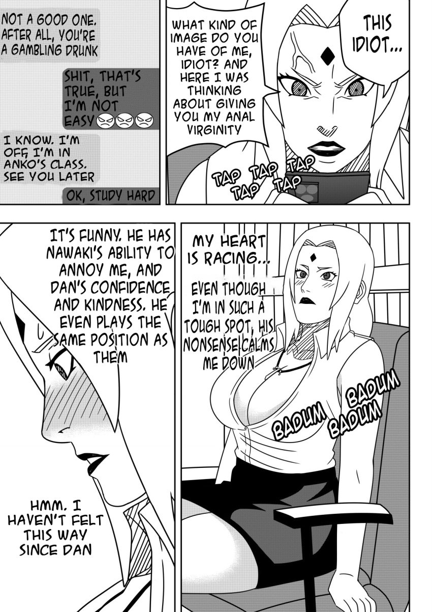 1girls anger_vein annoyed at_work big_breasts breasts cleavage dialogue embarrassed english_text female female_focus female_only formal formal_clothes huge_breasts large_breasts lipstick makeup mature mature_female mature_woman milf monochrome naruto naruto_(classic) naruto_(series) naruto_shippuden ninrubio revealing_clothes sagging_breasts shirt skimpy skimpy_clothes skirt solo solo_focus speech_bubble story text thick_thighs thighs tsunade unbuttoned unbuttoned_shirt uzumaki_naruto