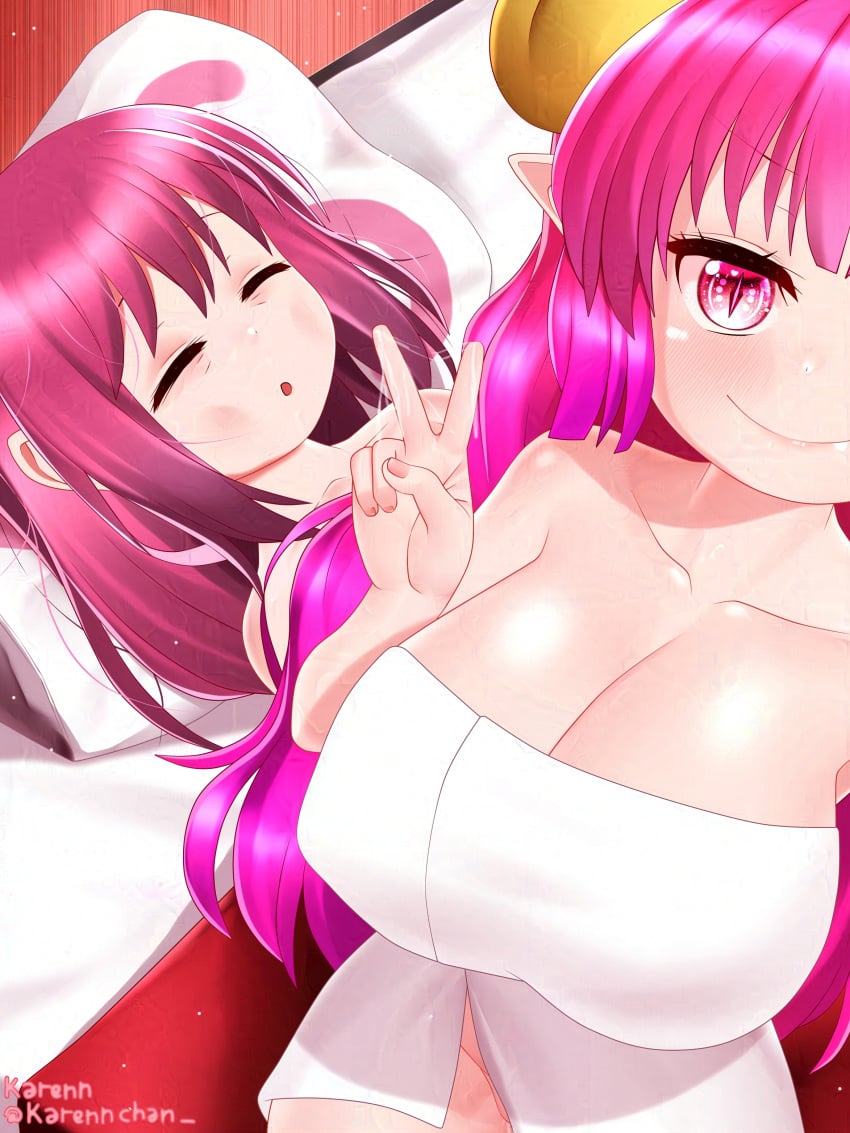 2girls absurd_res absurdres after_fingering after_sex bed big_breasts blush breasts breasts_bigger_than_head cleavage closed_eyes dragon dragon_girl dragon_horns dragon_humanoid ejaculate exhausted female female/female female_focus female_human female_humanoid female_only femdom femsub guy_tired_after_sex_(meme) happy happy_dom happy_female hi_res high_resolution highres homosexual horn horned_female horned_humanoid horns huge_breasts human human_female human_on_humanoid ilulu ilulu_(dragon_maid) ilulu_(maidragon) in_bed karenn kobayashi kobayashi-san_chi_no_maidragon large_breasts laying_down laying_on_back laying_on_bed light-skinned_female light_skin miss_kobayashi's_dragon_maid multiple_girls peace_sign pink_eyes pink_hair pointy_ears post_orgasm pussy_juice_on_fingers pussy_juice_string selfie short_stack shortstack sitting sitting_on_bed slit_pupils small_but_busty small_dom_big_sub textless tired towel voluptuous voluptuous_female yuri