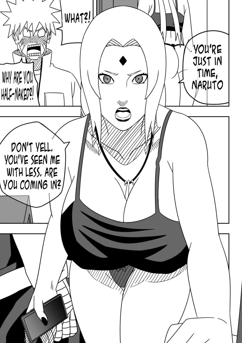 1boy 1girls adult_and_teenager age_difference before_sex big_breasts breasts dialogue embarrassed english_text female huge_breasts jewelry large_breasts lipstick makeup male male/female mature mature_female mature_woman monochrome naruto naruto:_the_last naruto_(series) naruto_shippuden necklace ninrubio no_bra no_bra_under_clothes older_woman_and_teenage_boy panties revealing_clothes speech_bubble story surprised tank_top text tsunade uzumaki_naruto welcoming