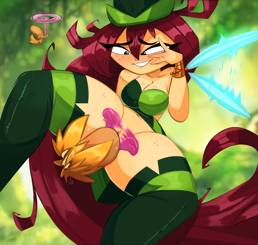 ass betilla_(rayman) big_breasts black_eyes blush bouncing_breasts breasts clothed cute fairy_wings freckles goooop kneesocks long_hair nymph_(rayman) rayman rayman_(series) red_hair ubisoft very_long_hair