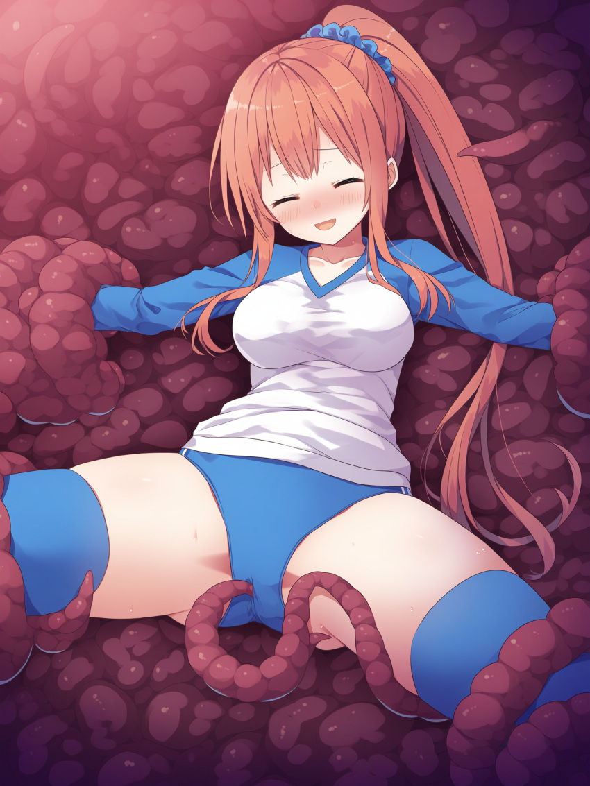 ai_generated ass blue_buruma blue_scrunchie blue_thighhighs blush buruma closed_eyes consensual_tentacles female full_face_blush gym_uniform imminent_tentacle_sex laughing long_hair medium_breasts poking ponytail raglan_sleeves restrained rubbing_through_pants scrunched_face tentacle tentacle_pit thighhighs tickling tickling_thighs ticklish white_shirt