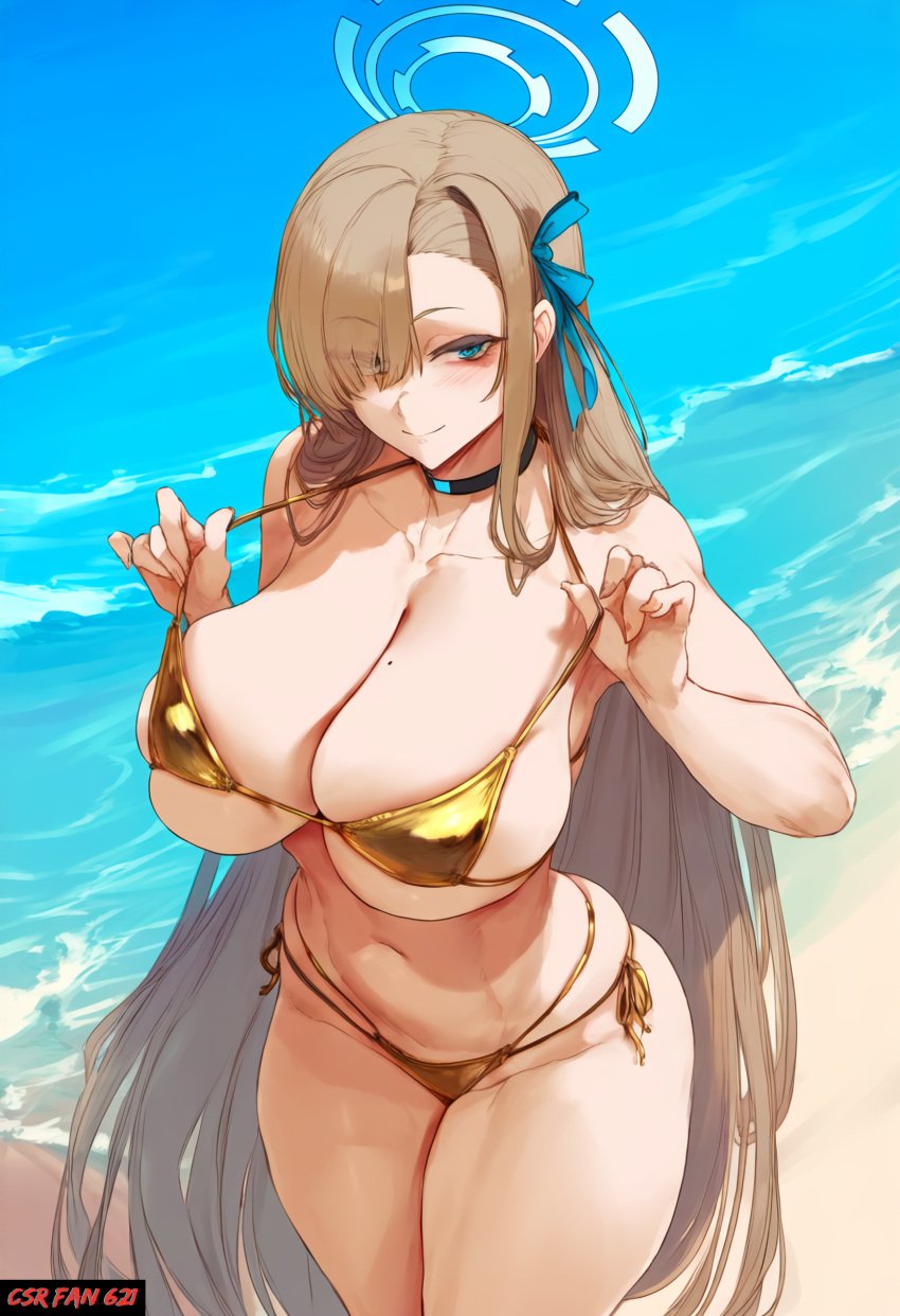 ai_generated ai_hands asuna_(blue_archive) beach blue_archive blue_eyes csr_fan_621 gold_bikini large_breasts self_upload smile tagme