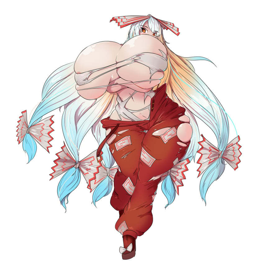 big_breasts fujiwara_no_mokou giant_breasts greenm ripped_clothing tagme thick thick_thighs touhou white_hair