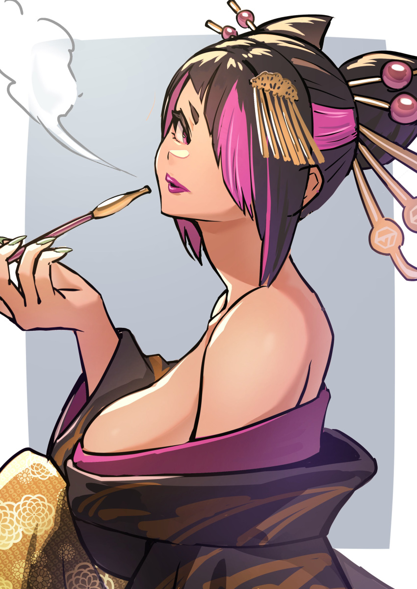 1girls ap_cammy asian asian_female bare_shoulders black_hair busty capcom hair_ornament hair_over_one_eye juri_han kiseru light-skinned_female light_skin oiran purple_eyes purple_lipstick purple_streak sideboob smoking street_fighter