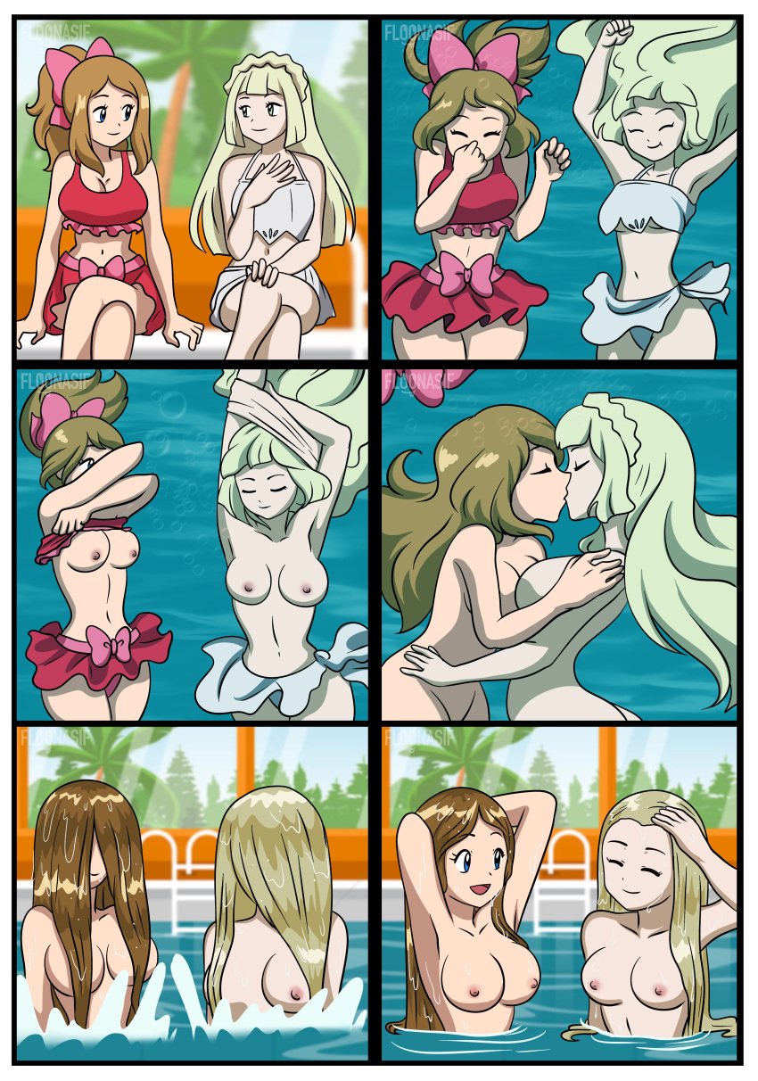 2girls absurd_res ass big_breasts bikini blonde_hair breasts brown_hair comic commission female female/female female_only floonasif grey_bikini grey_swimsuit kissing lesbian_kiss lillie_(pokemon) medium_breasts multiple_girls navel nintendo nipples nude partially_submerged pokemon pool red_bikini red_swimsuit serena_(pokemon) skinny_dipping submerged swimsuit tagme underwater undressing water wet wet_hair yuri