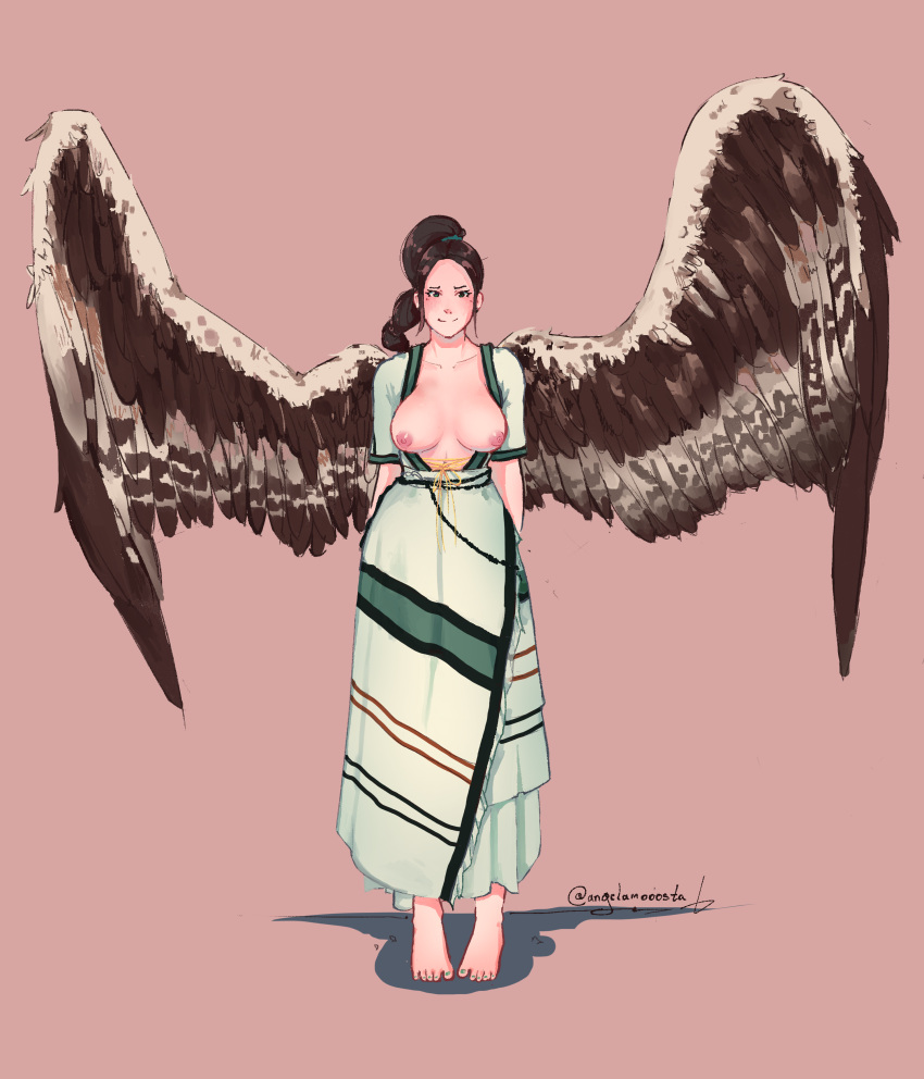 angel_wings areola areolae blood_bond blush breasts breasts_out brown_hair brown_hair_female brown_wings demi_god dress feet flashing flashing_breasts green_eyes hands_behind_back large_breasts long_hair monster_girl monstershake nipples pony_tail ponytail smile smiling victoria_blackburn white-skinned_female white_skin white_skinned_female wings