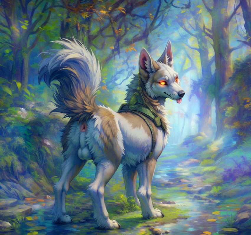 ai_generated anus ass balls big_ears black_nose blep blp canid canine canis cheek_tuft collar day detailed detailed_fur domestic_dog ears_up facial_tuft feral fluffy forest fur genitals glowing glowing_eyes hi_res inner_ear_fluff jewelry light lighting looking_at_viewer looking_back looking_back_at_viewer male mammal multicolored_body multicolored_fur orange_eyes outside perineum pink_anus plant presenting presenting_hindquarters raised_tail rock smile smug solo standing tan_body tan_fur three-quarter_view tongue tongue_out tree tuft whisker_spots white_balls white_body white_fur white_perineum y_anus