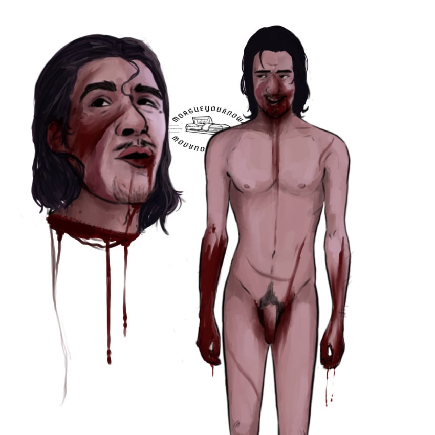 1boy birth_mark black_hair blood blood_on_face bloody_penis dick male_focus male_only nubbins_sawyer smile texas_chainsaw_massacre texas_chainsaw_massacre_game