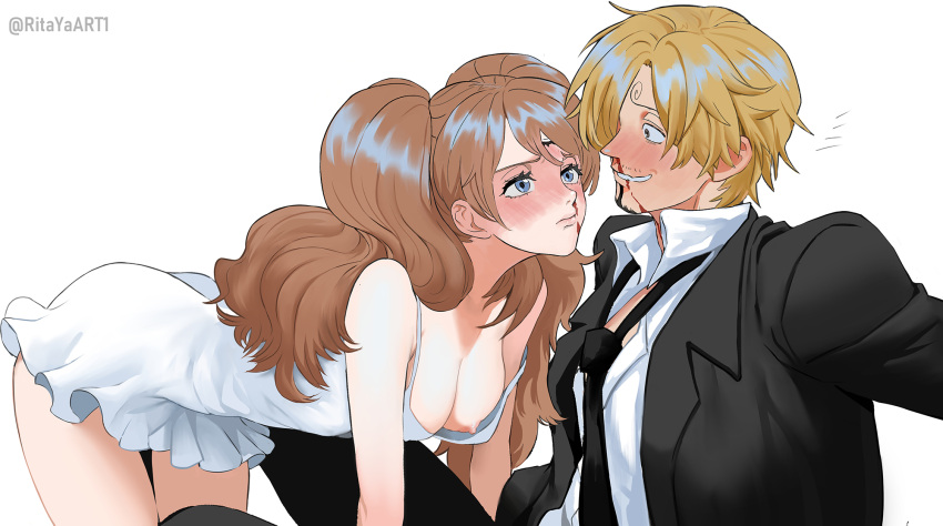 1boy 1girls all_fours blonde_hair blood blue_eyes blush breasts brown_hair charlotte_pudding curly_eyebrow dress facial_hair female formal full-face_blush long_hair looking_at_another male nipples no_bra nosebleed one_piece ritayaart1 short_hair straight suit twintails vinsmoke_sanji white_dress