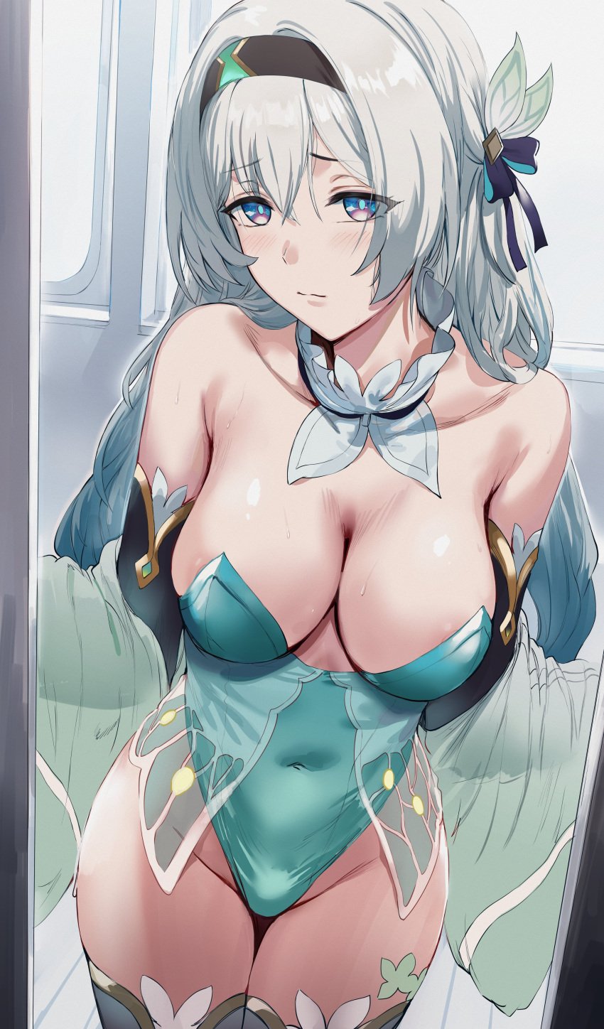 areola_slip arms_behind_back best_girl closed_mouth embarrassed firefly_(honkai:_star_rail) hews_hack honkai:_star_rail large_breasts leotard mirror mirror_reflection