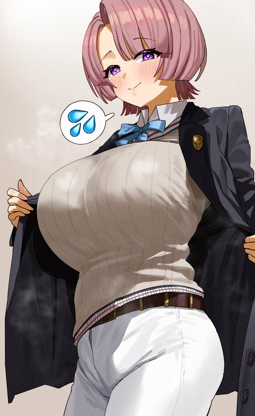 1girls alternate_breast_size arimura_mao big_breasts blush blush_lines breasts breasts_bigger_than_head brown_background clothed clothing female female_only gakuen_idolmaster harusawagitai huge_breasts idolmaster light-skinned_female light_skin pink_hair purple_eyes short_hair simple_background solo spoken_sweatdrop steam steaming_body