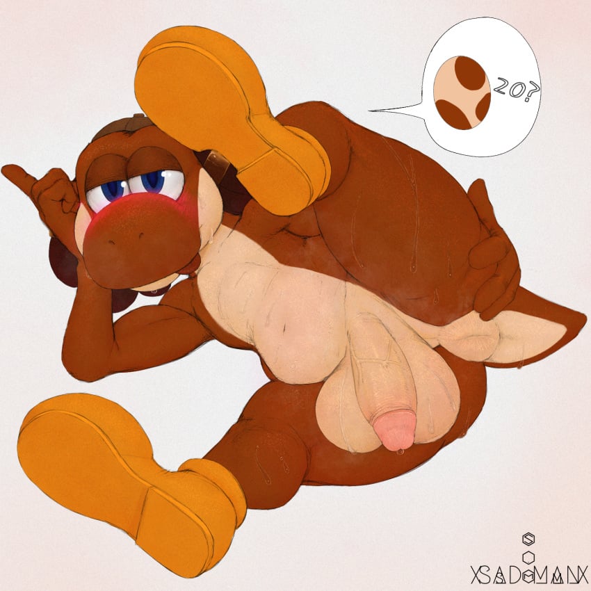 anthro anus ass balls belly big_balls big_butt blush blush_lines bodily_fluids brown_body brown_yoshi clothing digital_media_(artwork) dreadlocks egg fan_character flaccid footwear genital_fluids genitals hair hat headgear headwear hi_res huge_balls looking_at_viewer male mammal mario_(series) nintendo nude penis precum presenting presenting_anus puffy_anus reptile scalie shoes simple_background smile solo solo_male sweat sweaty_balls sweaty_butt sweaty_genitalia tail text thick_thighs tongue tongue_out xsad_manx yoshi yoshi_egg