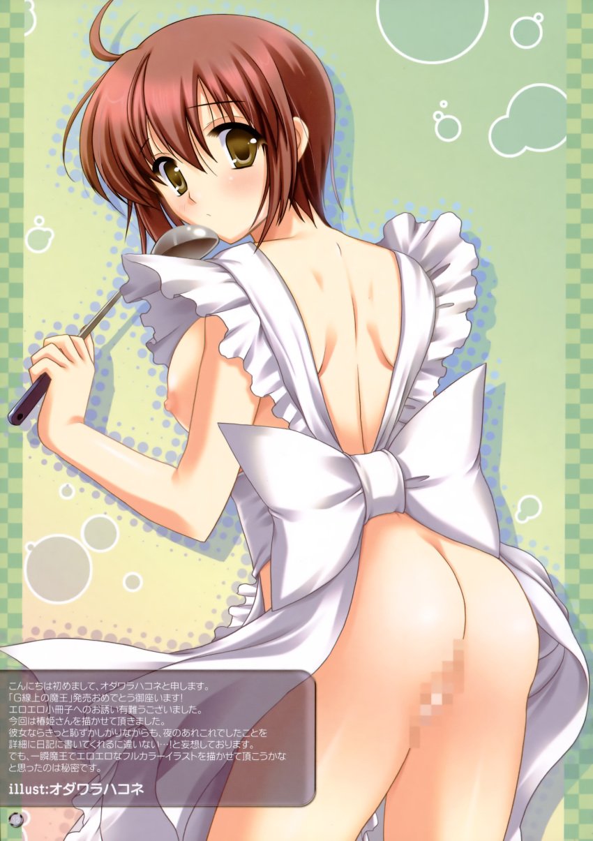 apron ass back breasts brown_hair censored female g-senjou_no_maou highres ladle miwa_tsubaki naked_apron odawara_hakone pussy solo yellow_eyes