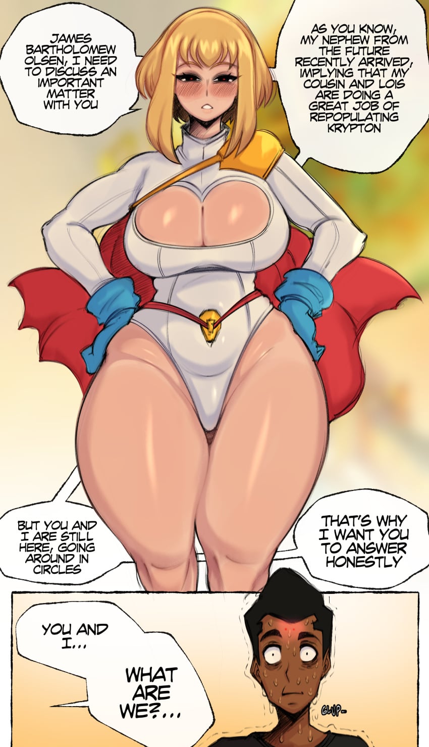 1boy 1girls 2s bare_legs bare_thighs big_breasts black_hair blonde_hair blue_eyes blue_gloves blush boob_window breasts canon_couple cape cartoon chubby chubby_female cleavage cleavage_cutout color comic comic_page cosplay couple curvaceous curvy curvy_figure dark-skinned_male dark_skin dc dc_comics english_text female female_kryptonian gloves hi_res huge_breasts huge_thighs jimmy_olsen jimmy_olsen_(my_adventures_with_superman) kara_zor-el kryptonian large_breasts leotard light-skinned_female light_skin male male/female massive_breasts medium_hair my_adventures_with_superman power_girl_(cosplay) red_cape saltyxodium seduction short_hair speech_bubble supergirl supergirl_(my_adventures_with_superman) superhero_costume superheroine superman_(series) text text_bubble thick_thighs thighs thighs_bigger_than_head voluptuous voluptuous_female white_leotard wide_hips