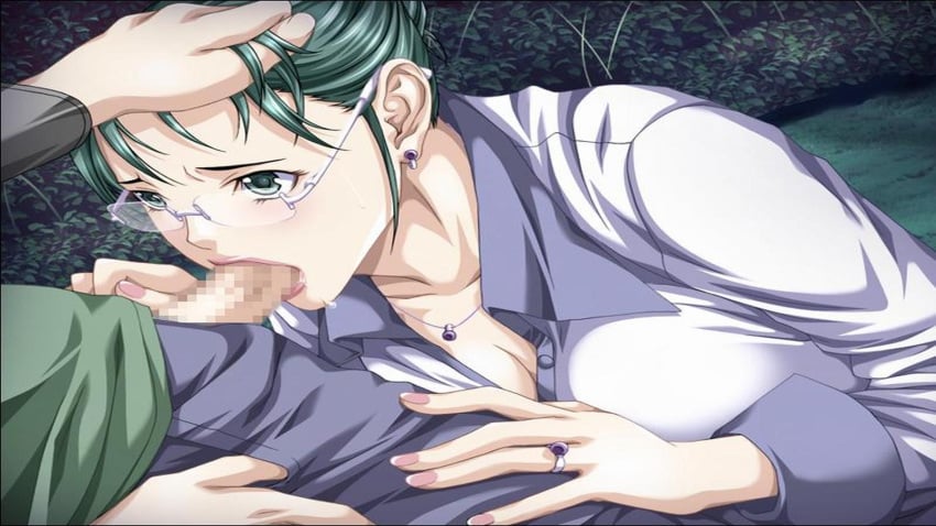 bad_aspect_ratio earrings fellatio game_cg gibo_no_toiki_~haitoku_kokoro_ni_tadayou_haha_no_iroka~ glasses green_eyes green_hair hand_on_head highres jewelry jpeg_artifacts kudou_tamae necklace oral penis ring