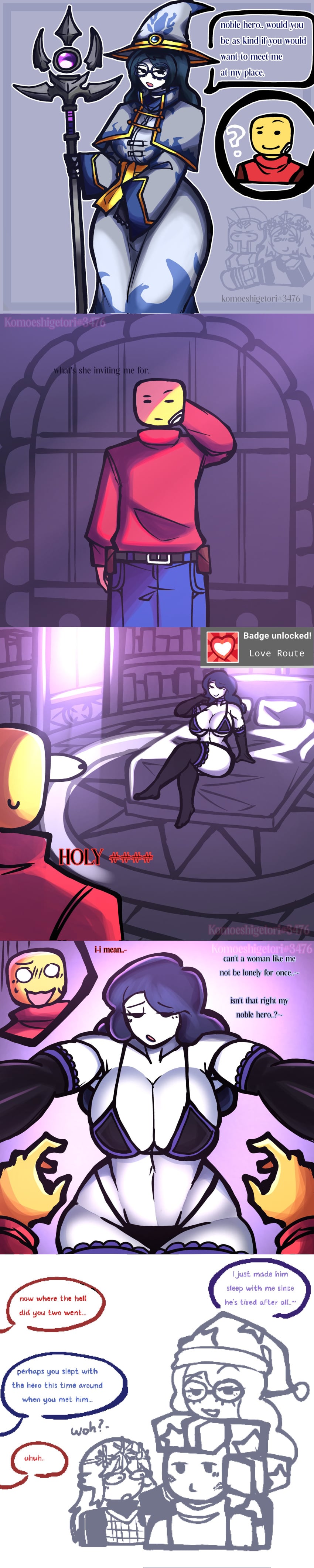 1boy 1girls achievement_unlocked azuri_(block_tales) bedroom big_breasts block_tales bra breasts cassie_(block_tales) clothed comic dialogue duo duo_focus english_text gloves komoeshigetori long_gloves panties player_(block_tales) reginald_(block_tales) roblox roblox_game robloxian speech_bubble stomach tagme text thick_thighs thighhighs thighs underwear watermark