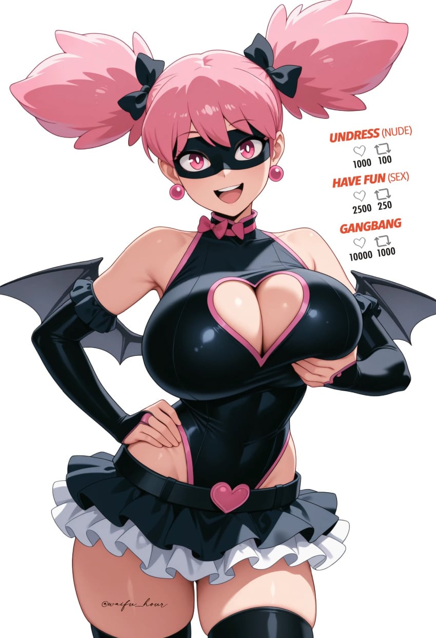 1girl ai_generated bare_arms bare_hips bare_legs black_mask black_thighhighs boku_no_hero_academia clothing_cutout detached_sleeves domino_mask earrings eye_mask fingerless_gloves gloves haneyama_kazuho heart_cutout highres jewelry leotard mask my_hero_academia pink_eyes pink_hair pink_trim pop_step skirt solo superhero_costume superheroine thighhighs thighs undressing_challenge vigilante:_my_hero_academia_illegals vigilante_-boku_no_hero_academia:_illegals- waifujoy white_background wings