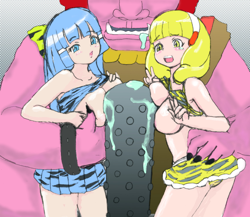 2girls akaoni bow breasts clothing human interspecies large_breasts nurunuru_daijin panties penis pretty_cure red_oni reika_aoki skirt smile_precure threesome yayoi_kise