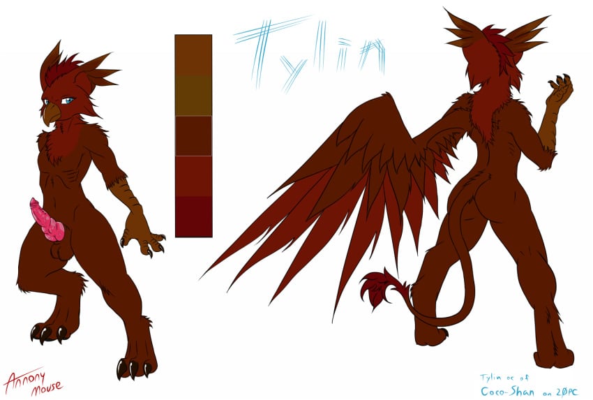 annonymouse anthro avian blue_eyes gryphon hair male model_sheet original_character penis red_hair yaoi